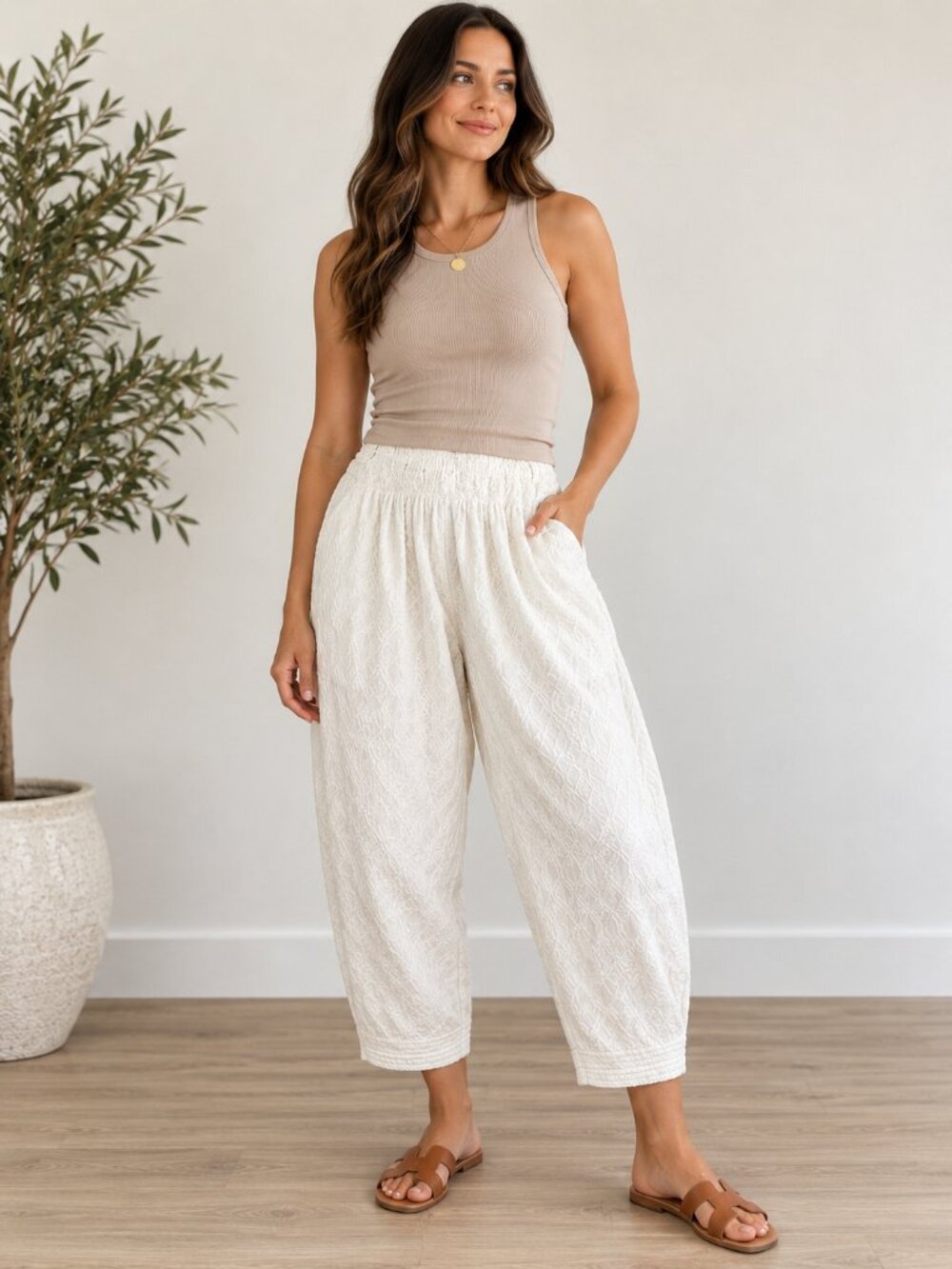 White Embroidered Textured Pants Elastic Waist Boho Resort Wide Leg